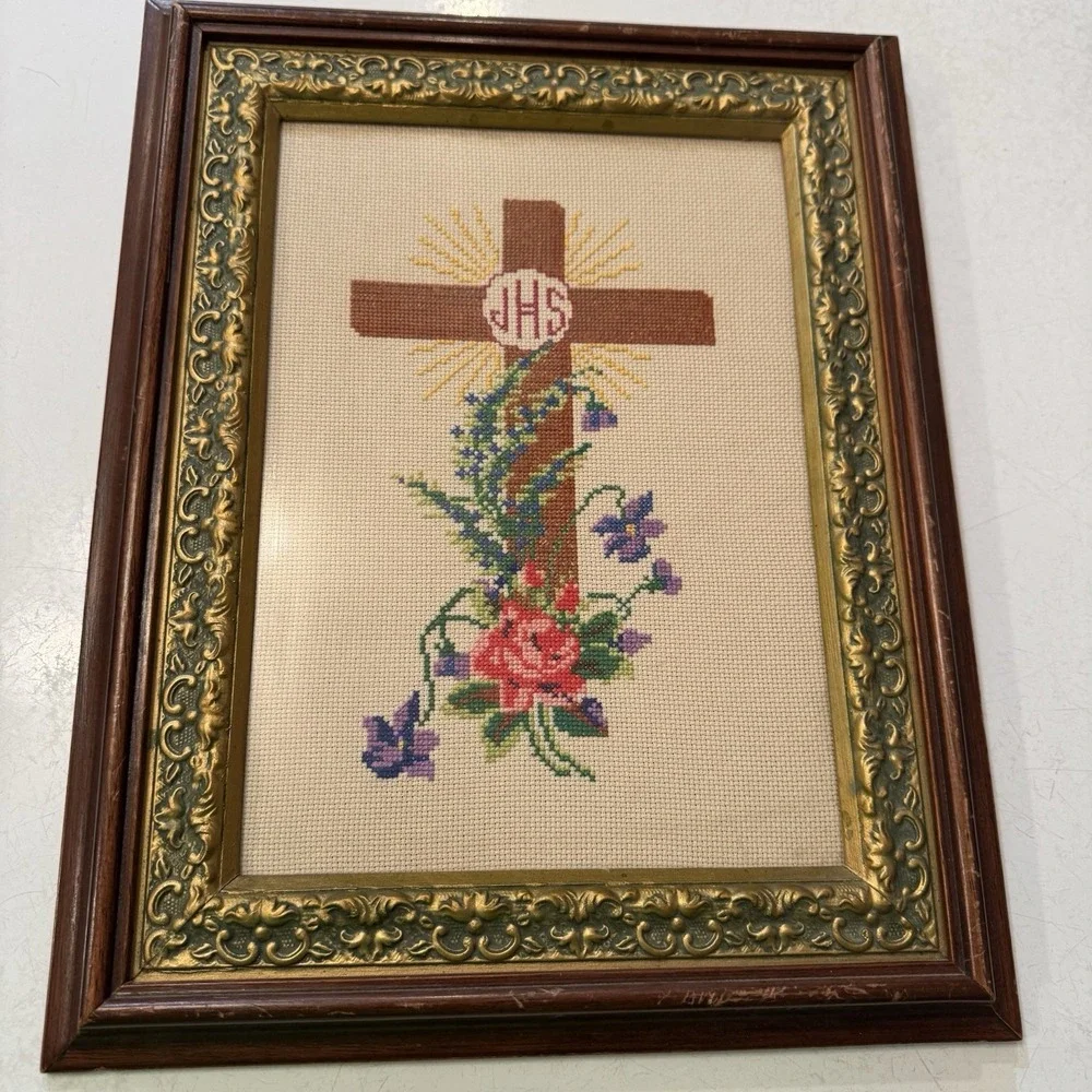 Vintage Embroidered Cross with flowers Ornate Framed 17 X 13  Wall‎ Art